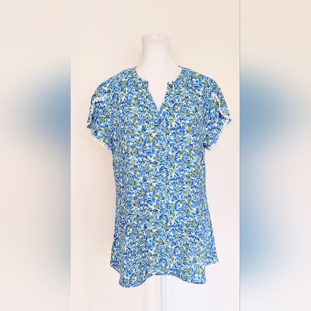 Anna-Kaci California Tassle Sleeve Top Blue Floral Blouse Size Medium
